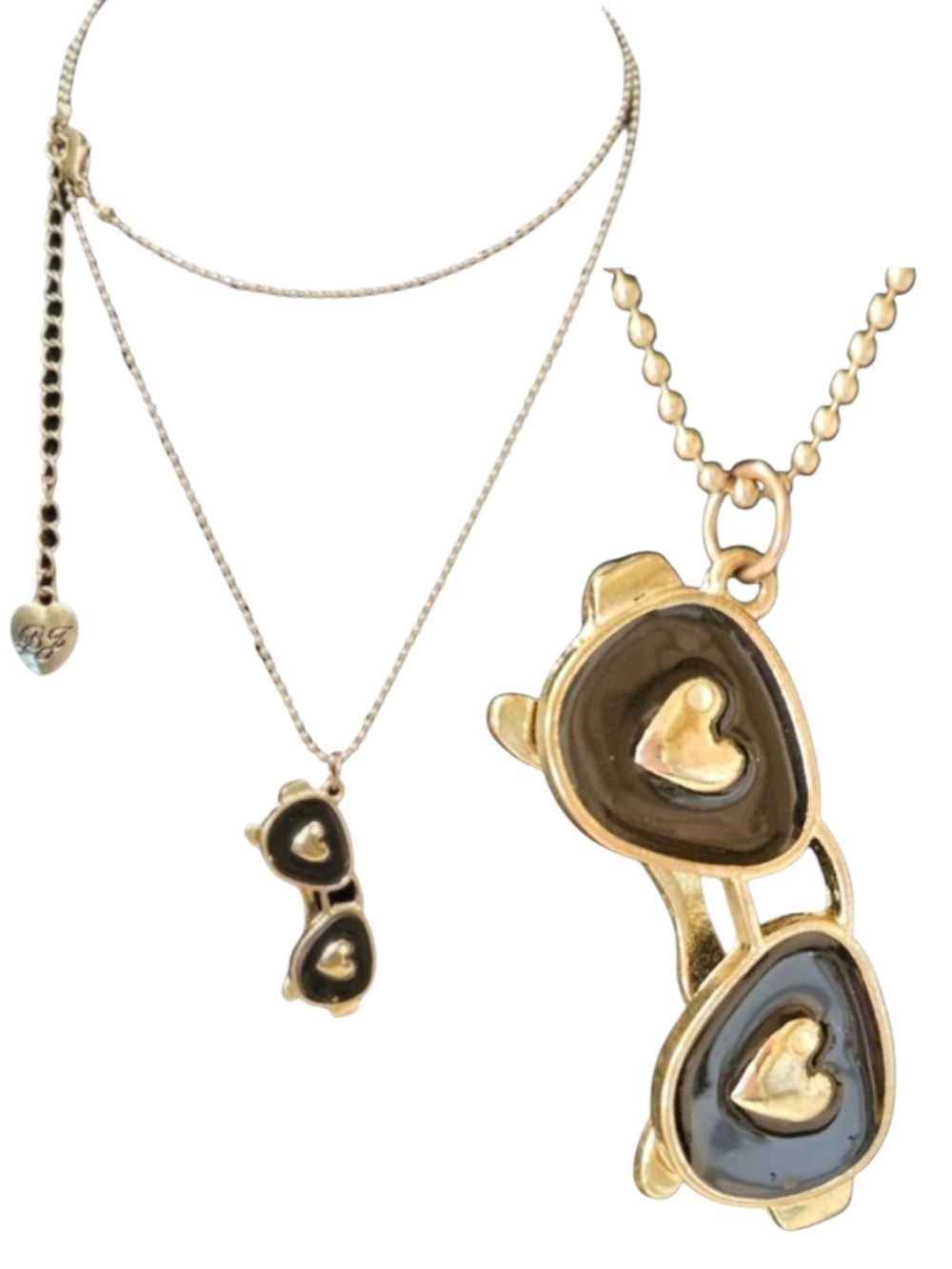 👓💛Betsey Vintage Gold and Black Sunglasses with Hearts Pendant Necklace - EPC